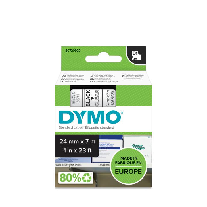 DYMO Schriftband – 24 mm × 7 m, transparent, schwarz – D1-TAPE