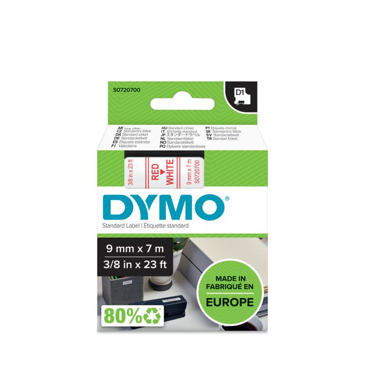DYMO Schriftband – 9 mm × 7 m, weiss, rot – für LabelPoint 200, 250, 300, u. a. – D1