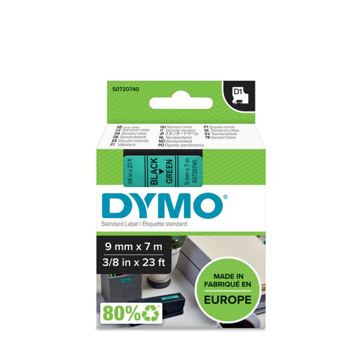 DYMO Schriftband – 9 mm × 7 m, grün, schwarz – für LabelPoint 200, 250, 300, usw. – D1