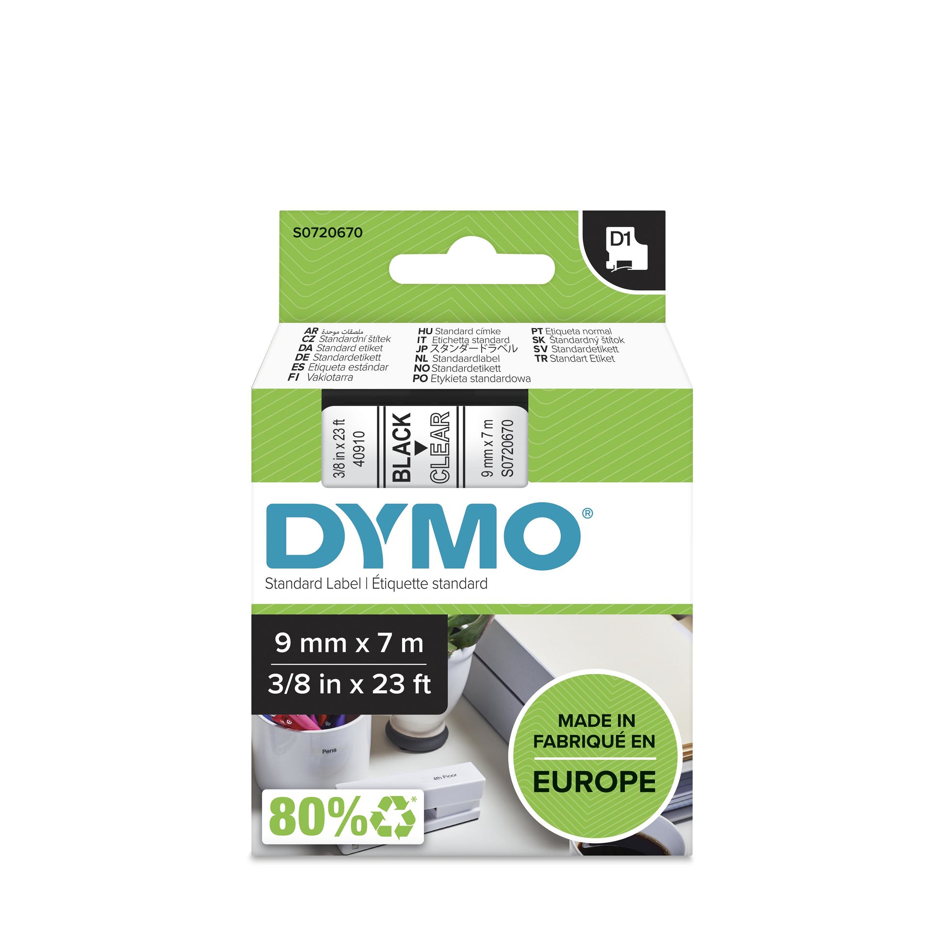 DYMO Schriftband – 9 mm × 7 m, transparent, schwarz – D1-TAPE