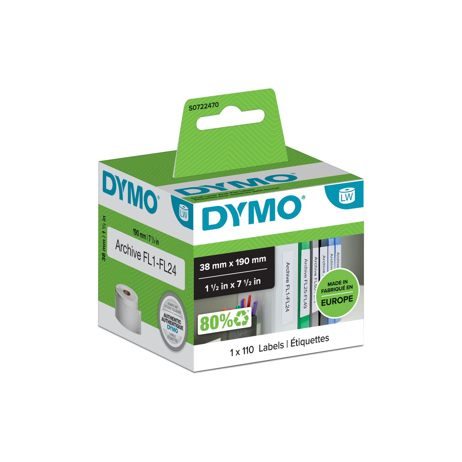 DYMO Druckeretiketten LW-Labels, 38 mm × 190 mm, weiss, 110 Stück
