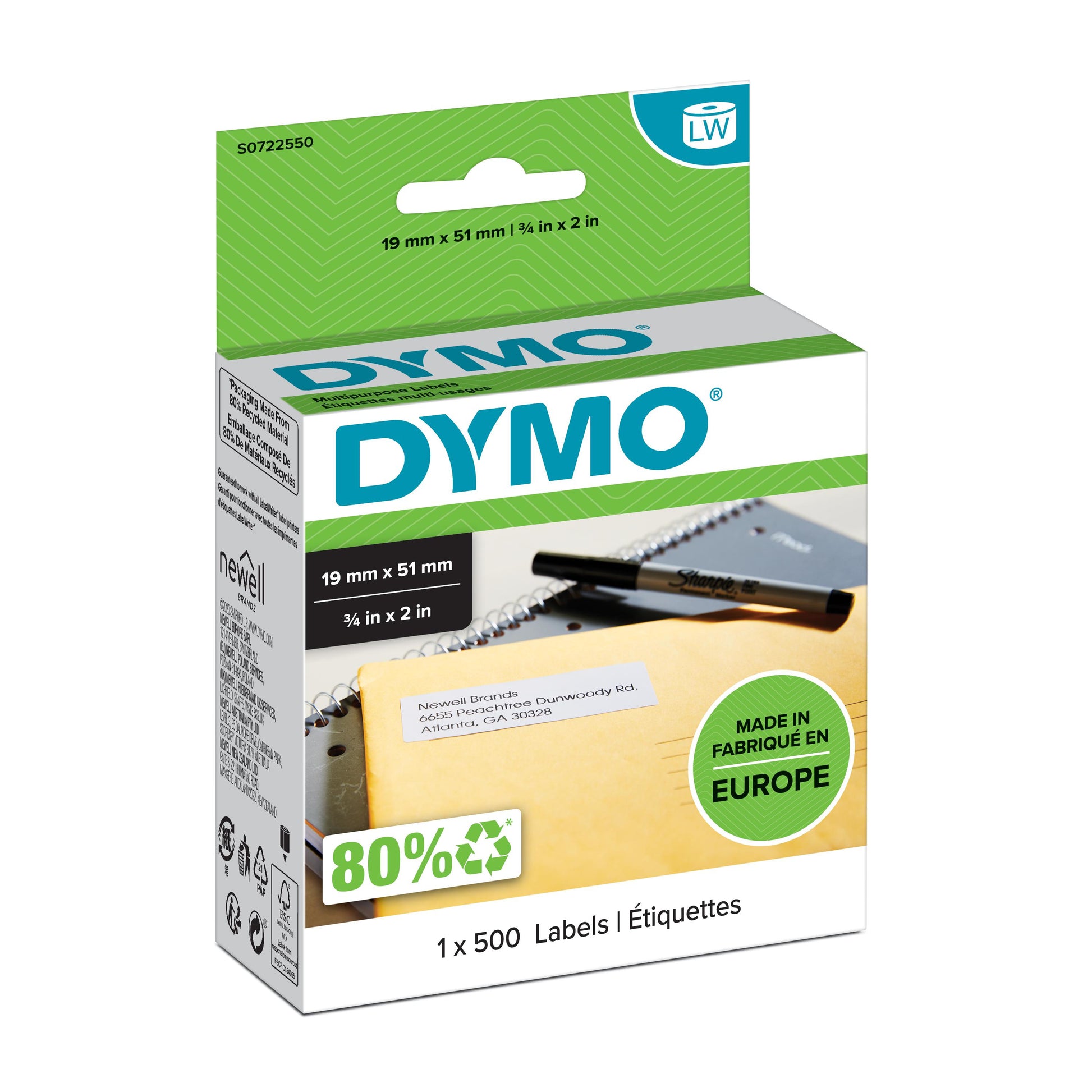 DYMO Etiketten, 51 mm × 19 mm, weiss, wiederablösbar, für LabelWriter 310, 320, Turbo 330 und andere, 500 Stück