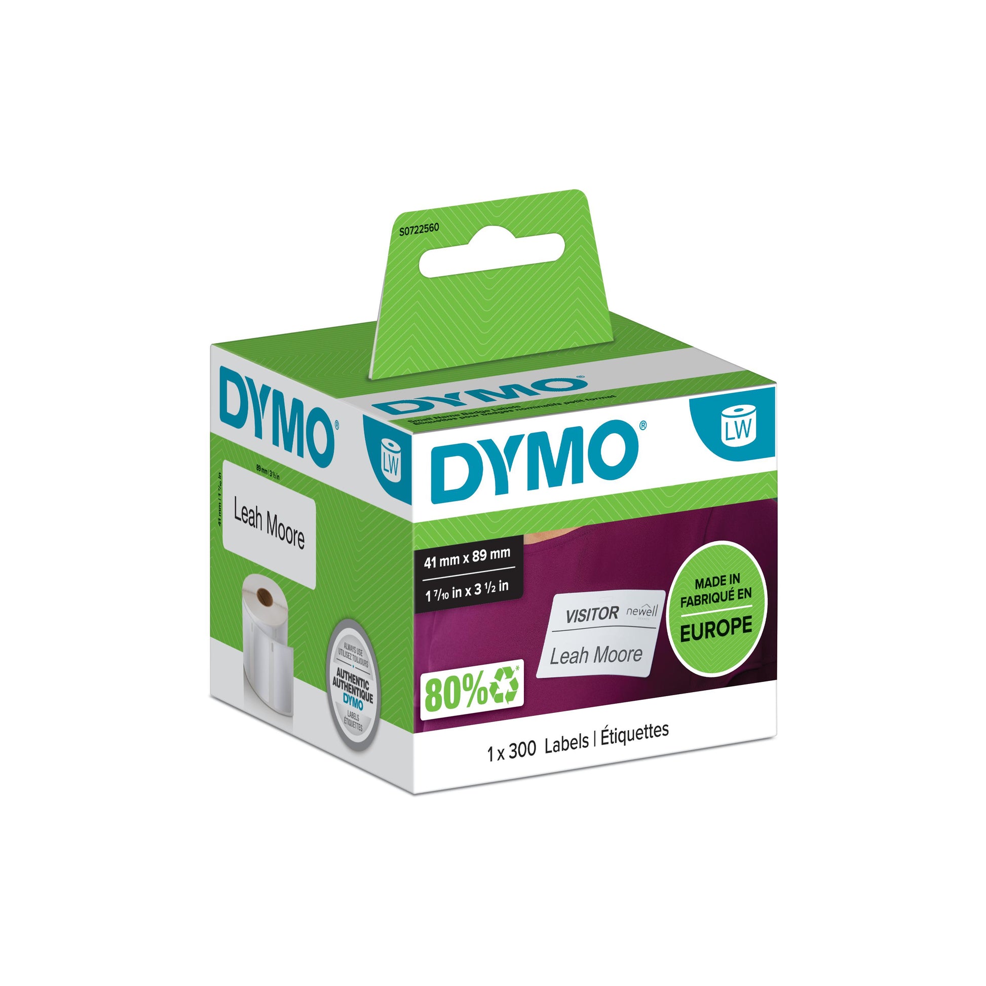 DYMO Namensschilder-Etiketten, 89 mm × 41 mm, weiss, Papier, wiederablösbar