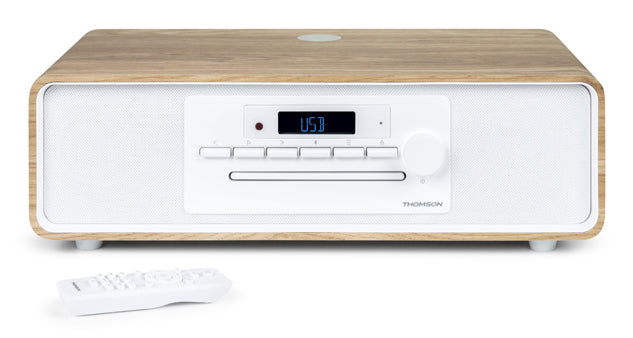 Thomson MIC301IDABBT – Stereo-Vollverstärker, 2×50 W (8 Ω), USB, 3,5 mm Kopfhöreranschluss, Cinch, Weiss/Holz