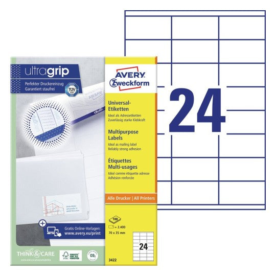 Avery Zweckform Schuletiketten – 70 × 35 mm, 2400 Stk, 100 Bogen, Papier, permanent haftend