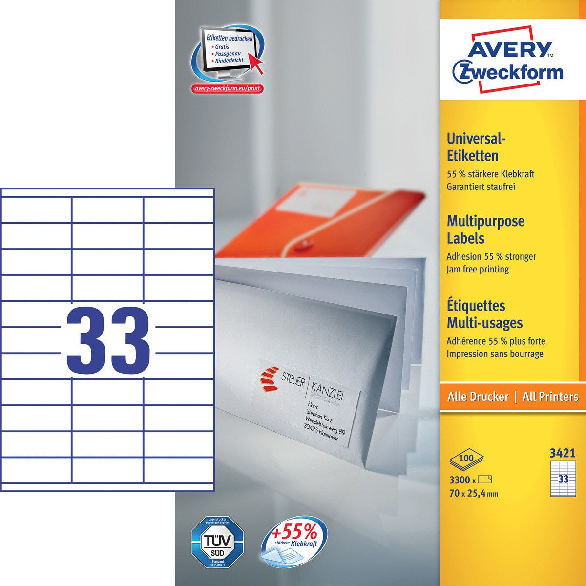AVERY ZWECKFORM – Selbstklebende Etiketten, 70 mm × 25 mm, weiss, 3'300 Stk./100 Blatt