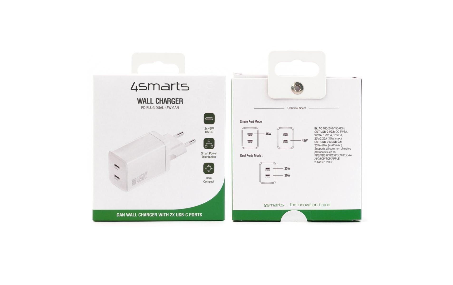 4smarts PDPlug Dual Ladegerät – 45 W, 2× USB-C, PD, QC, GaN – für USB-C-Geräte