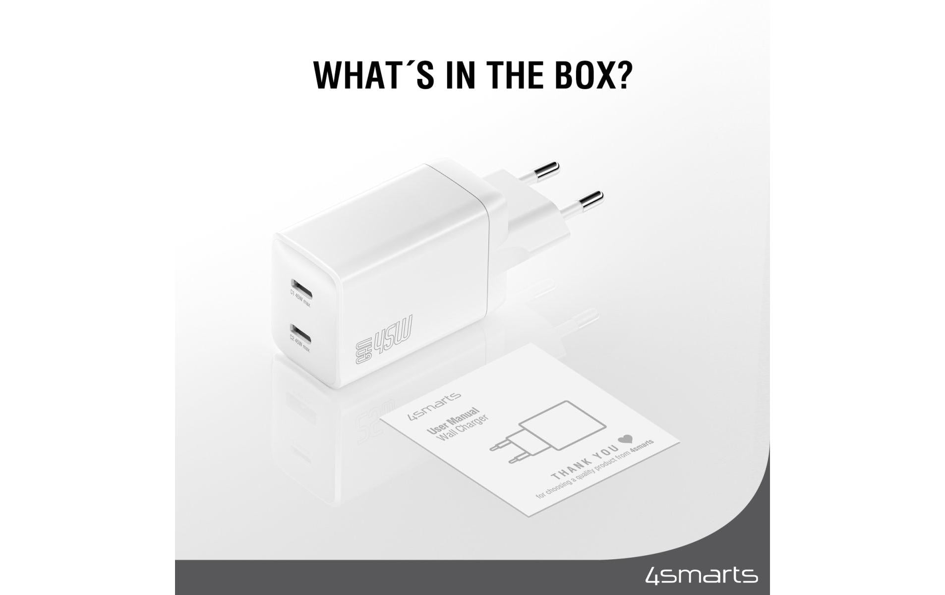4smarts PDPlug Dual Ladegerät – 45 W, 2× USB-C, PD, QC, GaN – für USB-C-Geräte