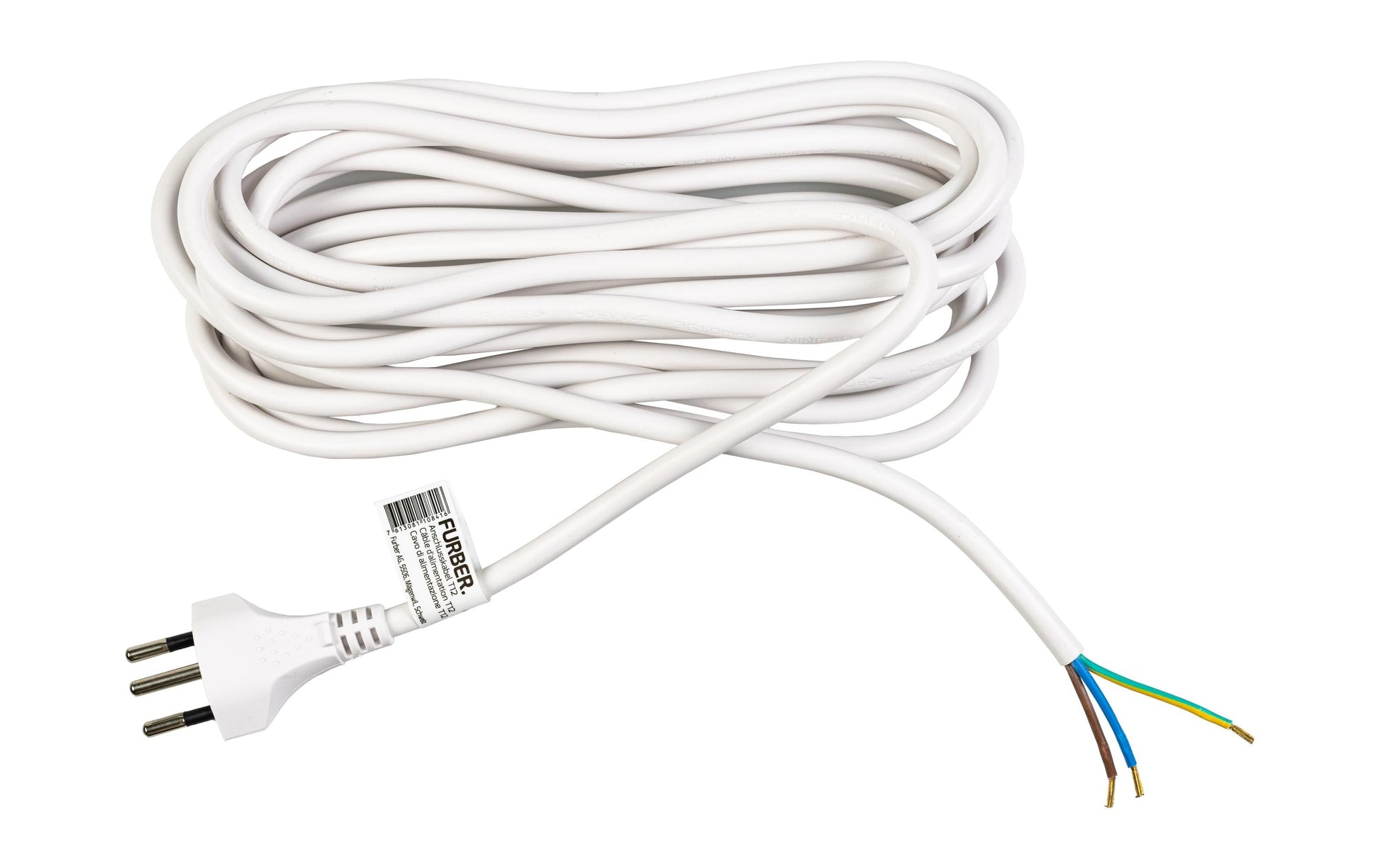 FURBER.power Verlängerungskabel T12–offen, 5 m, 3×1 mm², H05VV‑F, mit Kinderschutz, angespritzt – weiss