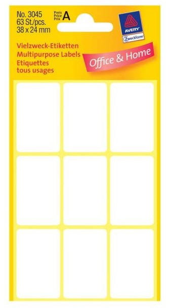 Avery Zweckform Haftetiketten – rechteckig 38 × 24 mm, permanent, weiss, 7 Blatt (63 Stk.)