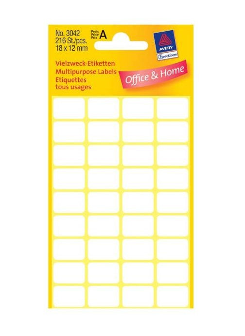 Avery Zweckform Haftetiketten – rechteckig 18 × 12 mm, permanent, weiss, Papier, 6 Blatt (216 Stk.)