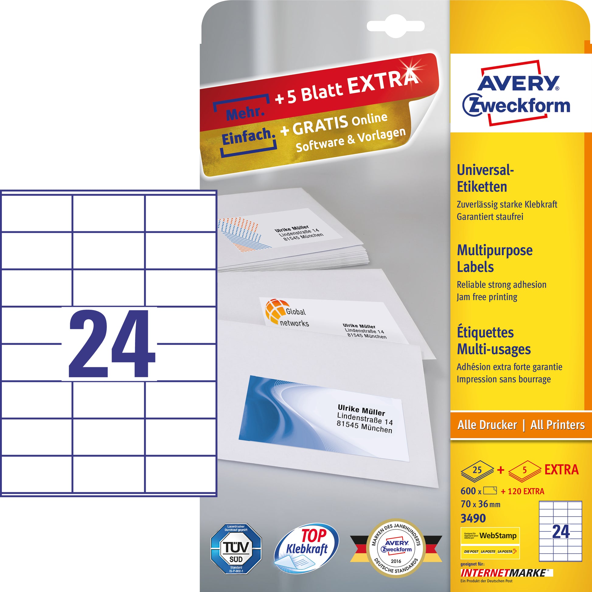 AVERY Zweckform – Etiketten A4 70 × 36 mm – weiss – permanent haftend – Laser/Inkjet – 30/Stück, 24 Blätter