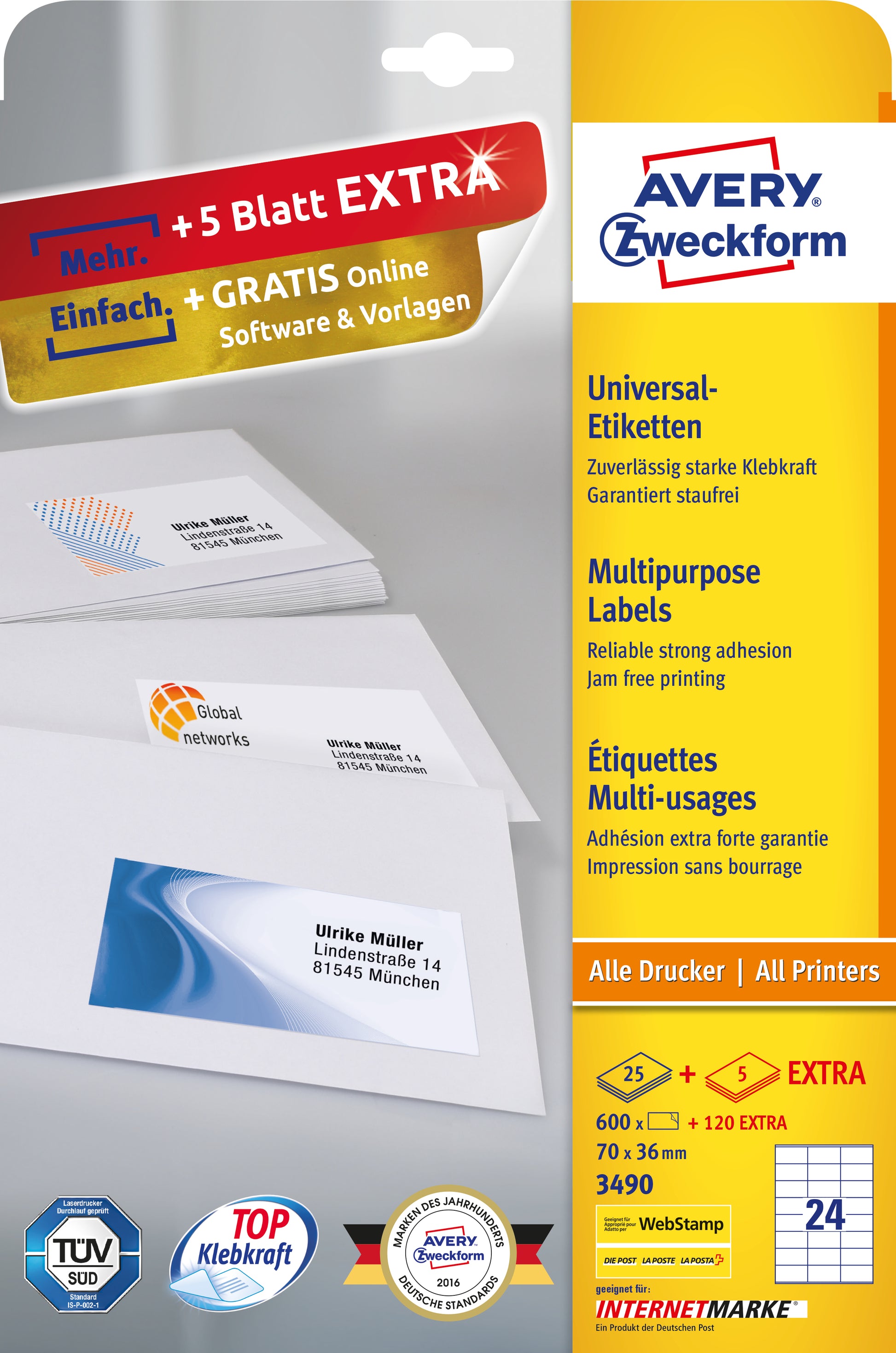 AVERY Zweckform – Etiketten A4 70 × 36 mm – weiss – permanent haftend – Laser/Inkjet – 30/Stück, 24 Blätter