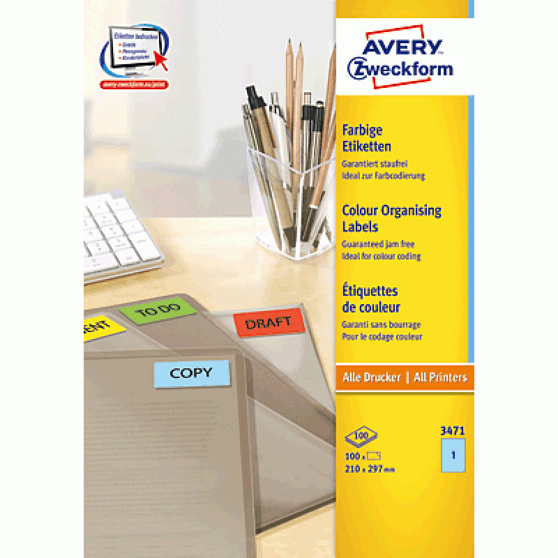 Avery Druckeretiketten, 210 mm × 297 mm, blau, Papier, permanent, 100 Stück