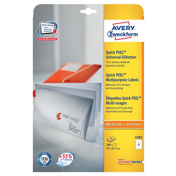 Avery Etiketten A4 97 × 68 mm – Papier, weiss – permanent haftend – Laser/Inkjet – 8 pro Blatt, 25 Blätter