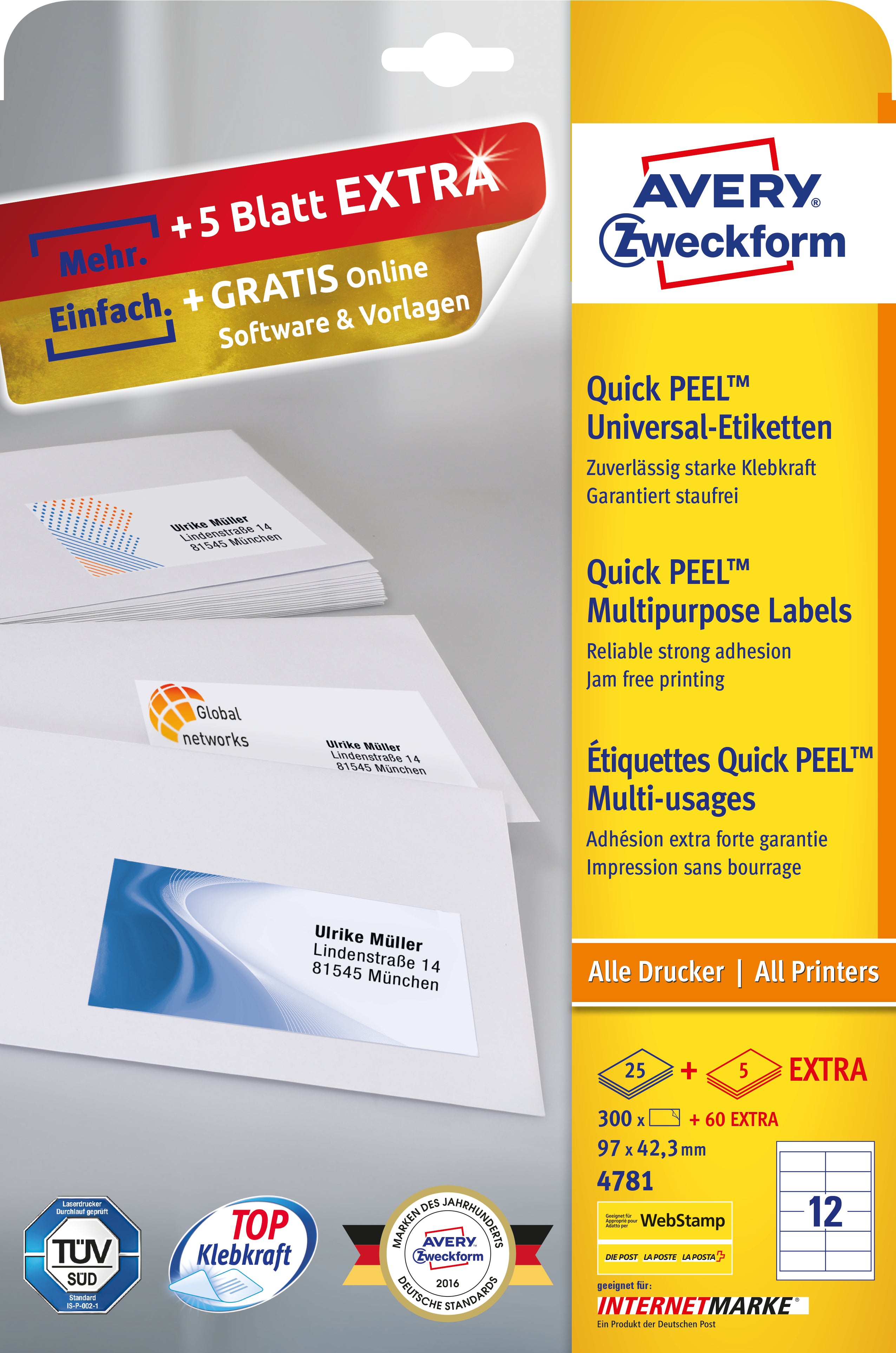 AVERY Zweckform – Etiketten A4 97 × 42 mm – weiss – permanent haftend – 30 pro Blatt, 12 Blätter (360 Stk.)
