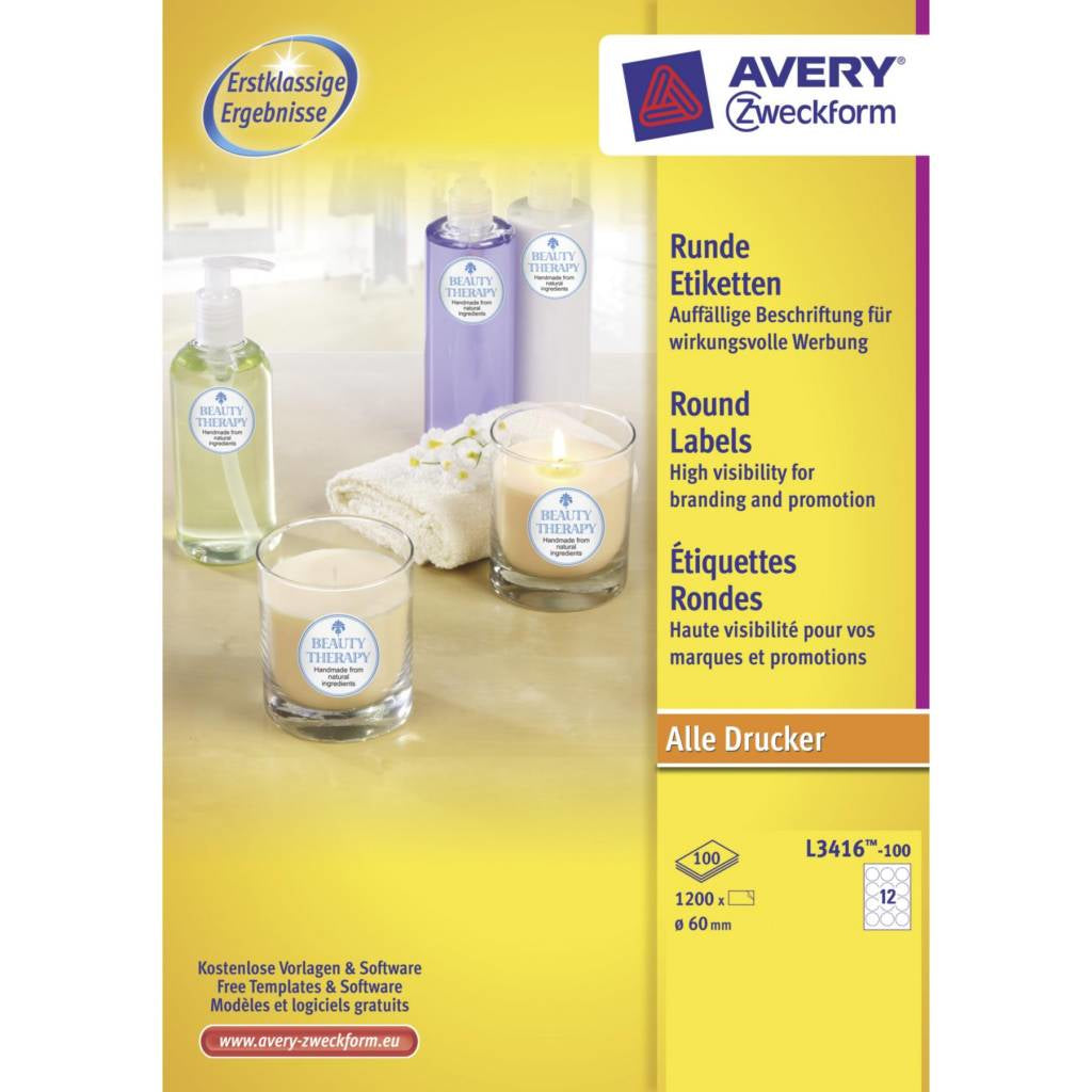 Avery Etiketten A4 Ø 60 mm – Papier – permanent haftend – Laser/Inkjet – 12 pro Blatt, 100 Blätter (1'200 Stk.)