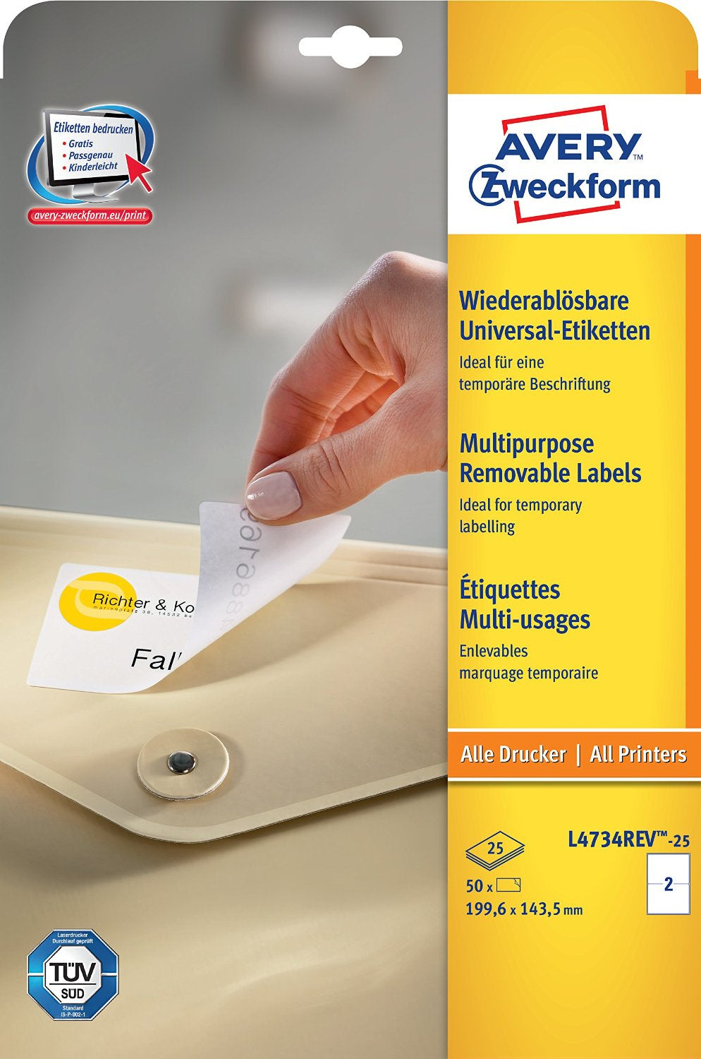 AVERY Zweckform – Etiketten A4 200 × 143 mm – weiss – wiederablösbar – Laser/Inkjet – 50 pro Blatt, 25 Blätter