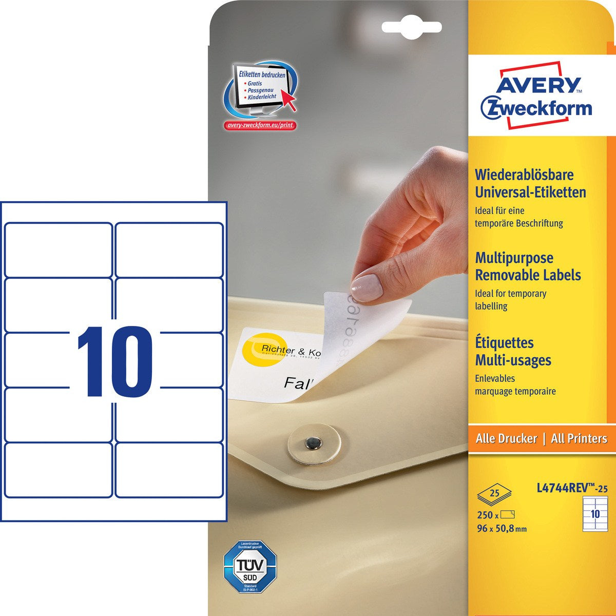 Avery Druckeretiketten, 96 mm × 51 mm, weiss, Papier, wiederablösbar, 30 Blatt (300 Etiketten)