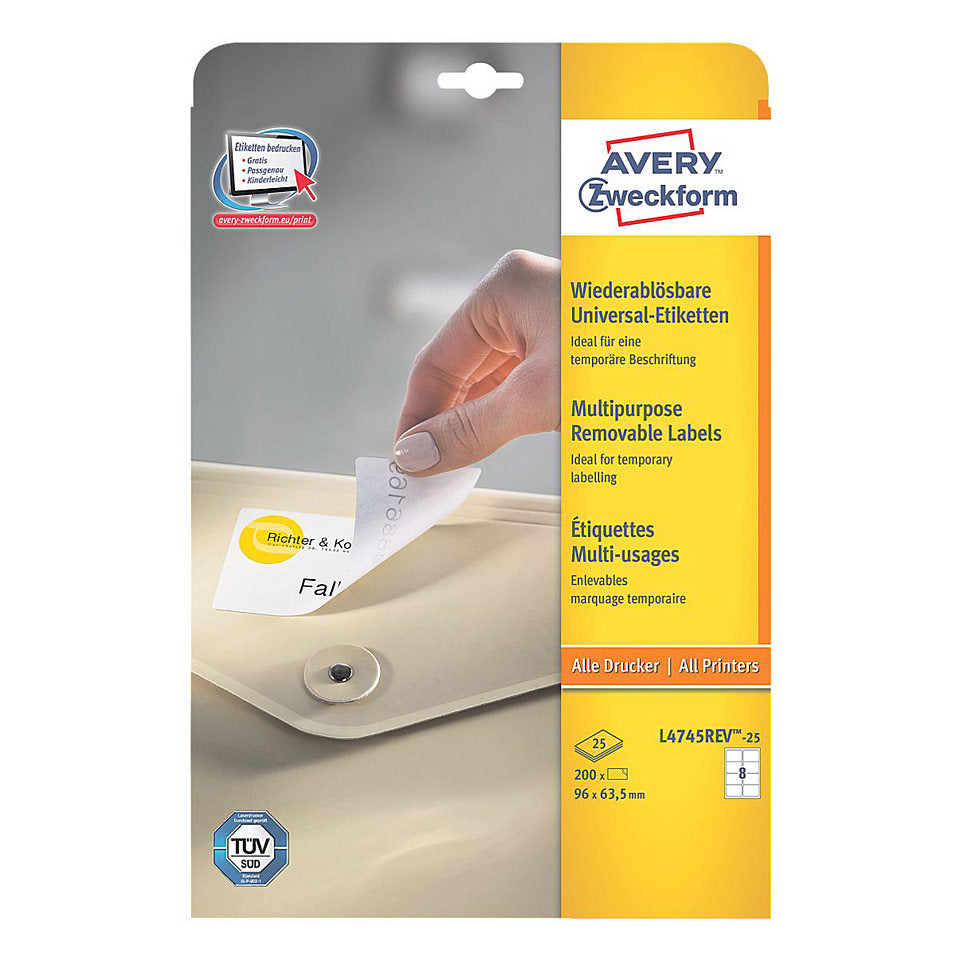 Avery Druckeretiketten, 96 mm × 64 mm, weiss, Papier, wiederablösbar, 30 Blatt (240 Etiketten)