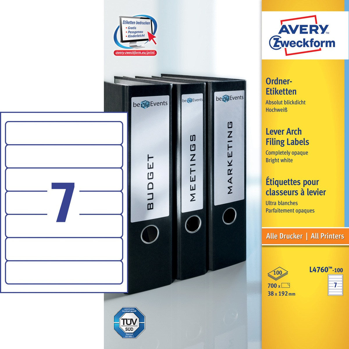 Avery Zweckform – Ordner-Etiketten, 38 mm × 192 mm, weiss, Papier, permanent, 700 Etiketten (100 Blätter)
