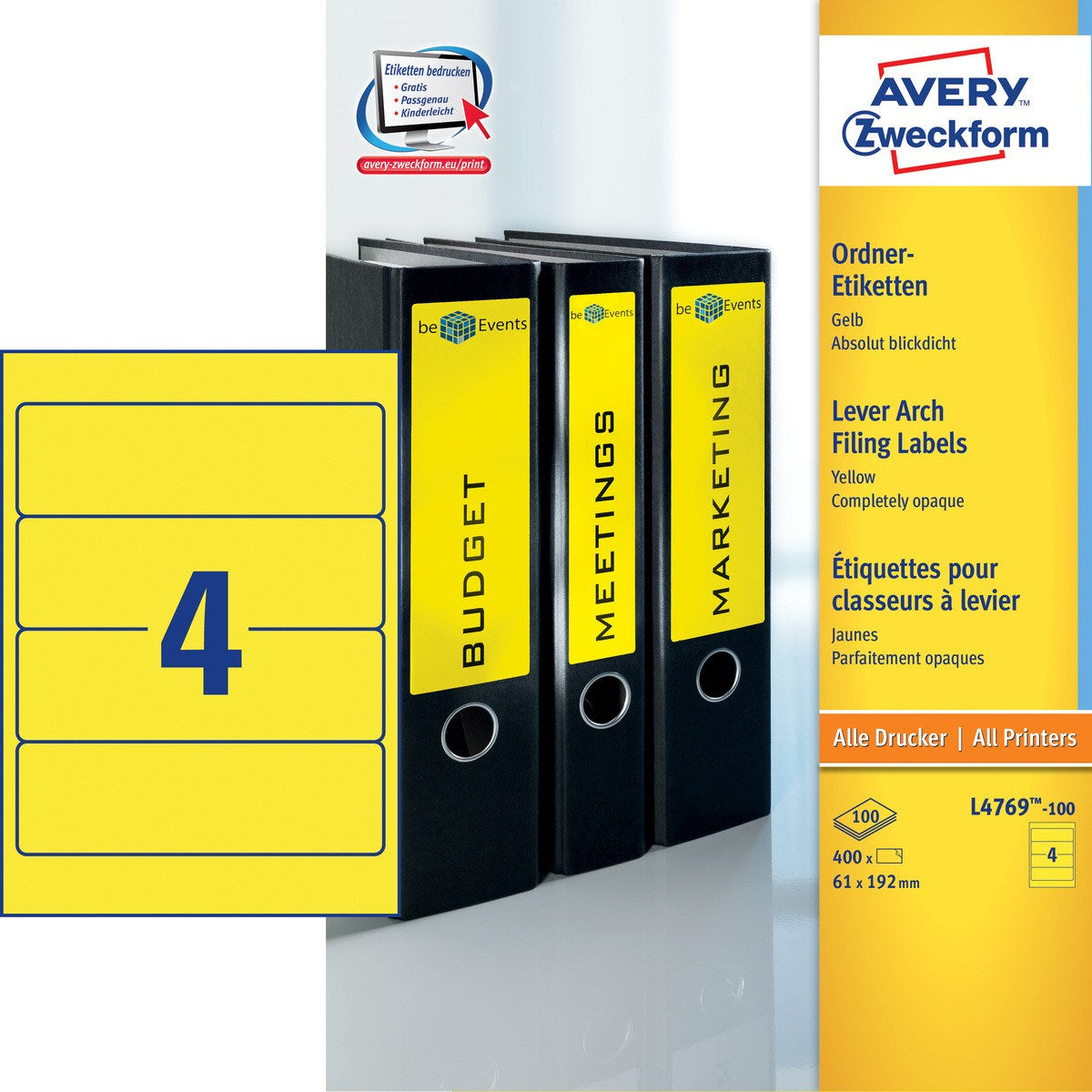 AVERY Zweckform – Ordneretiketten A4 61 × 192 mm – Papier, Gelb – Permanent haftend – 4 pro Blatt, 100 Blätter
