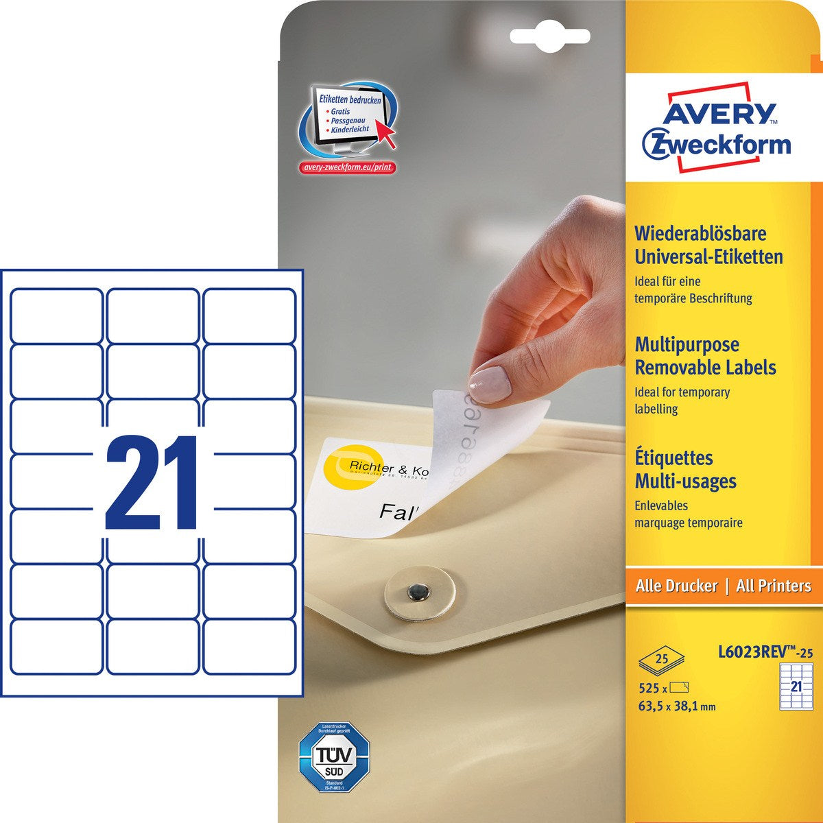 Avery Drucketiketten, 64 mm × 38 mm, weiss, Papier, wiederablösbar, 630 Etiketten (30 Blatt)