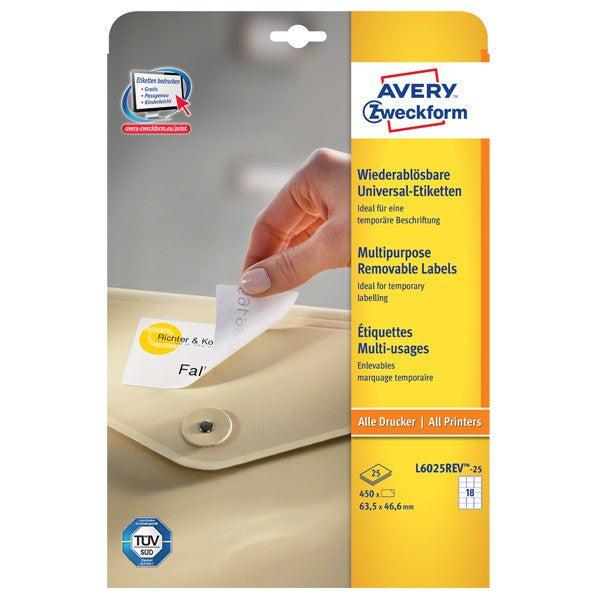AVERY Zweckform – Etiketten A4 64 × 47 mm – Papier – wiederablösbar – Laser/Inkjet – 18 pro Blatt, 25 Blätter