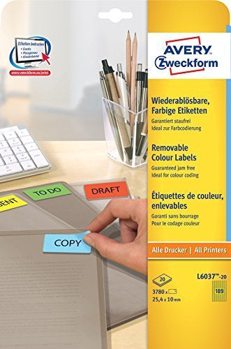AVERY Zweckform L6037-20 – Etiketten A4 25 × 10 mm – Papier, gelb – wiederablösbar – 189 pro Blatt, 20 Blätter