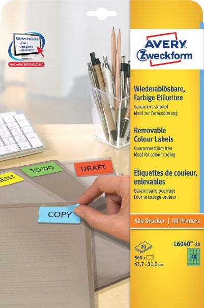 AVERY Zweckform – Etiketten A4 46 × 21 mm – Papier, grün – wiederablösbar – Laser/Inkjet – 48 pro Blatt, 20 Blätter