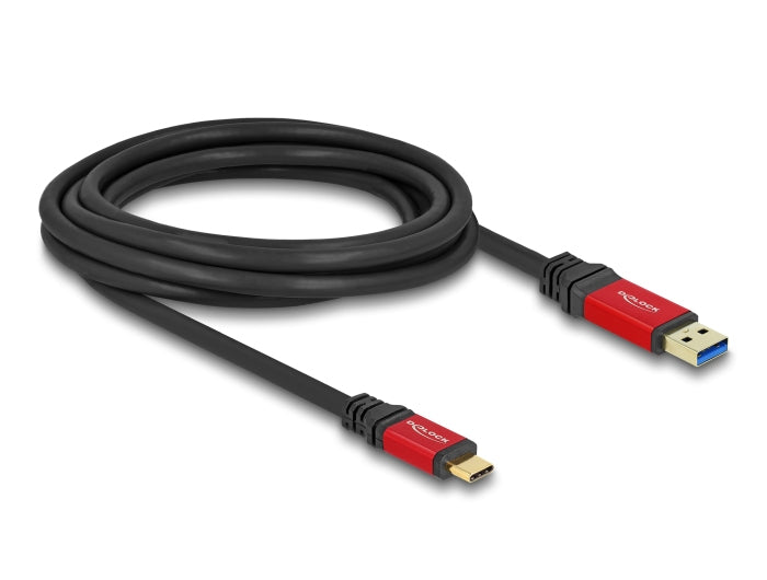 DeLOCK USB-A auf USB-C Kabel – USB 3.2 Gen 2 (10 Gbit/s) – 3 m – Metallverstärkt, Goldstecker – Schwarz/Rot