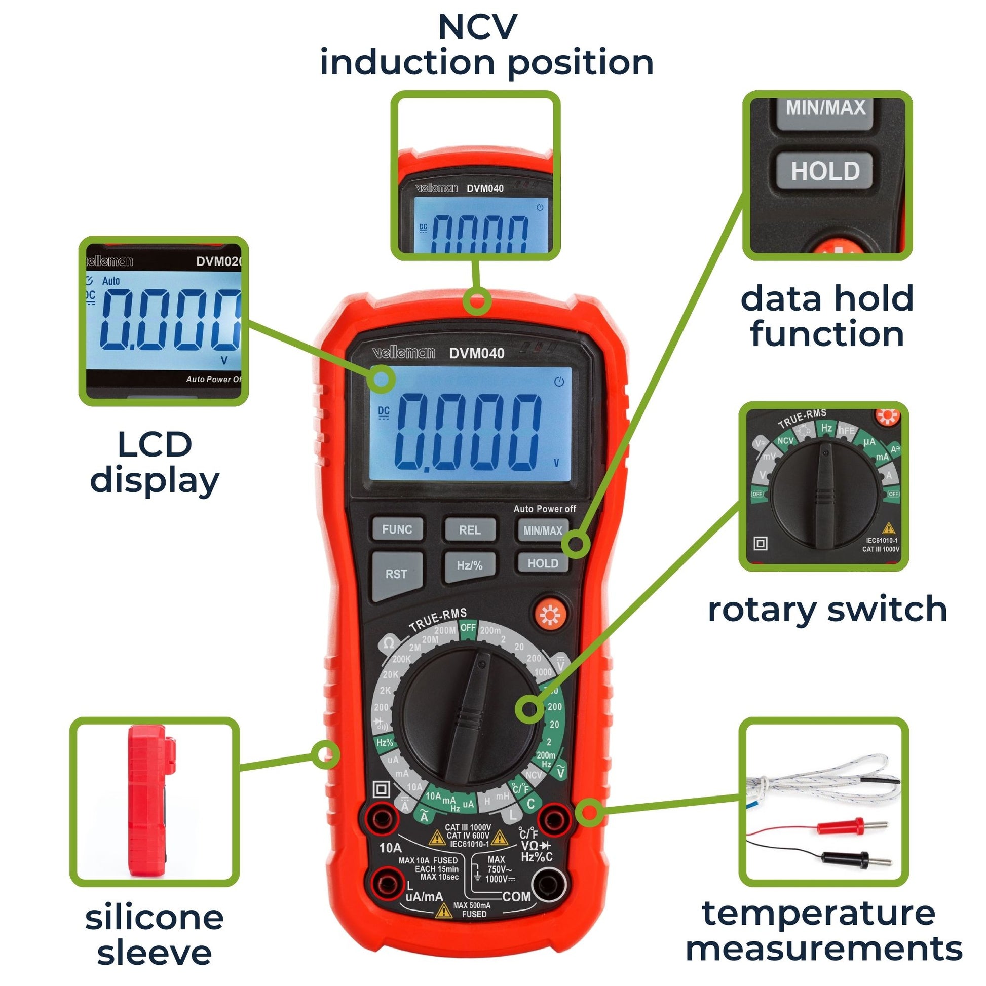 Velleman 469878 – Multimeter – True-RMS, 1 µA–10 A DC, Kapazitätsmessung