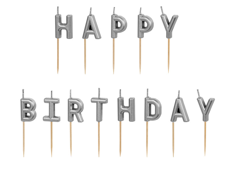 PartyDeco Geburtstagskerzen Happy Birthday – Silber – 2,5 cm – 13 Stk