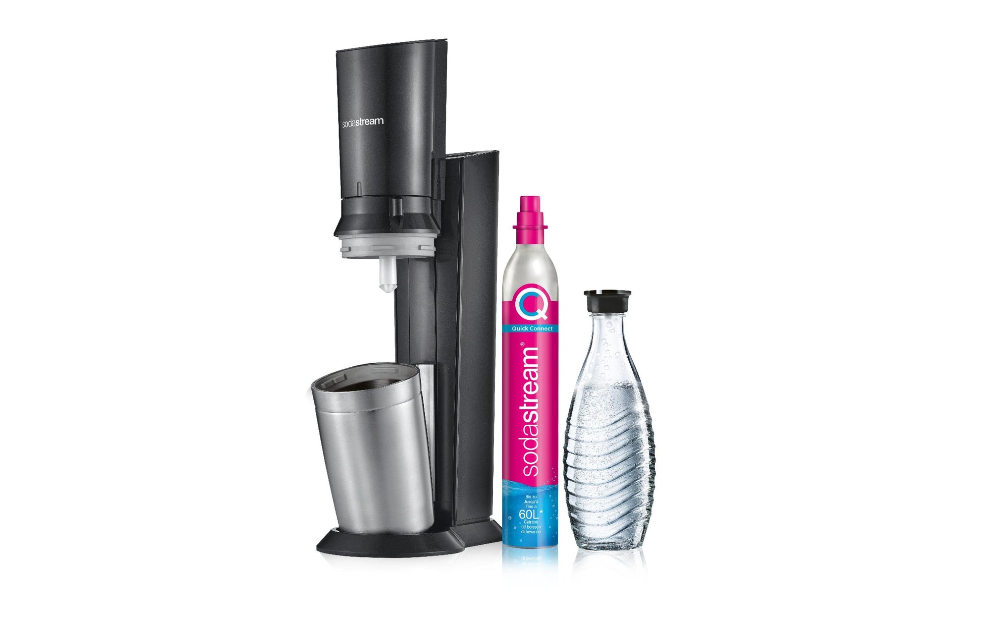 SodaStream Wassersprudler Crystal 3.0 – 0,615 l Glasflasche, 60 l Zylinder – schwarz/Edelstahl