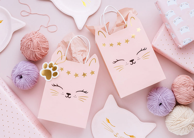 PartyDeco Geschenktasche Katze – 180 × 275 × 105 mm – Seilgriff, Anhänger (Katzenpfote) – 1 Stk. – Weihnachten