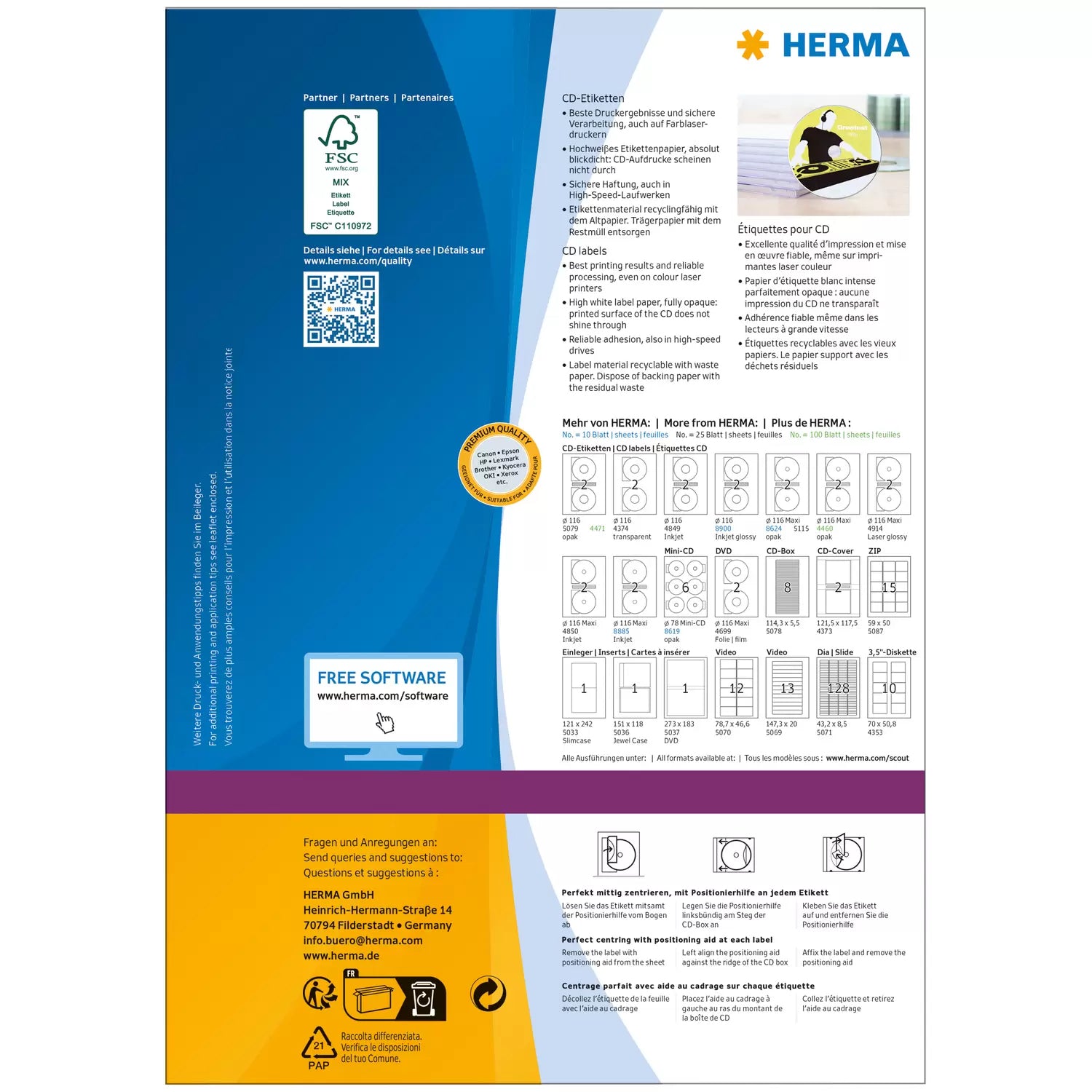 HERMA CD-/DVD-Etiketten, Ø 116 mm, weiss, Papier, permanent, 200 Etiketten