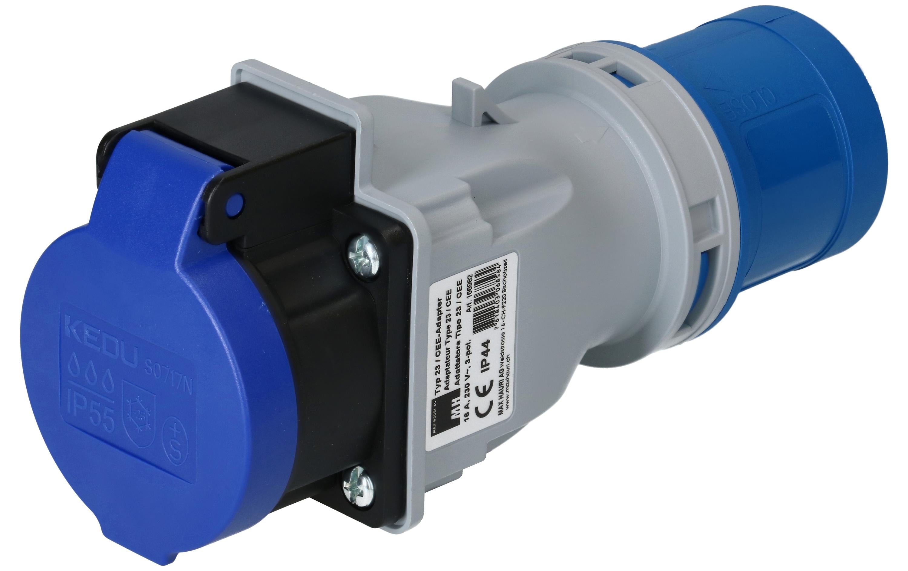 maxCAMP Adapterkabel, CEE 16-3 zu T23, 3-polig, IP55 – blau