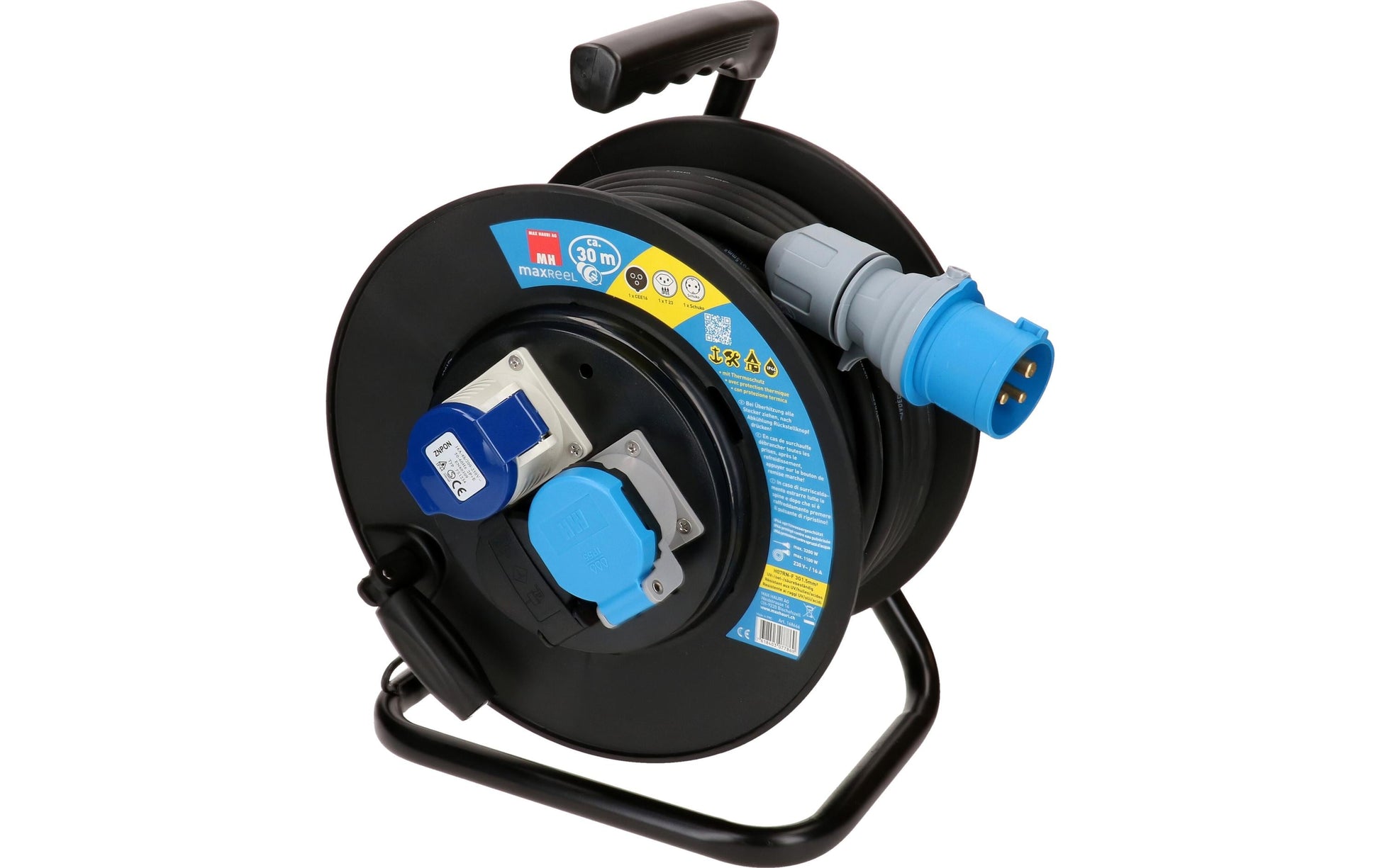 Max Hauri AG Max Hauri Kabelrolle, (1×T23 + 1×CEE 16-3 + 1×Schuko (Typ F)), 30 m, IP44 – schwarz