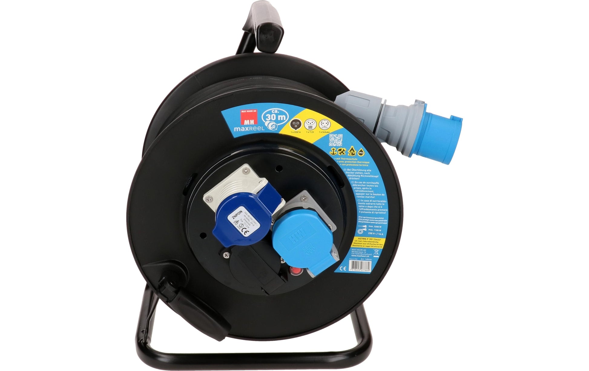 Max Hauri AG Max Hauri Kabelrolle, (1×T23 + 1×CEE 16-3 + 1×Schuko (Typ F)), 30 m, IP44 – schwarz