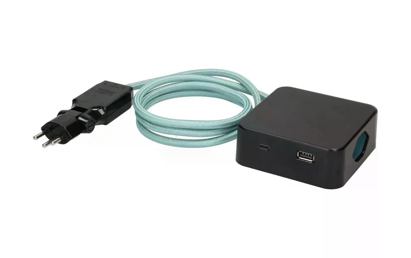 maxTEX Cube Steckdosenleiste – 3× T13, USB‑A/C 18 W, 2 m, ohne Schalter, IP20, schwarz/türkis