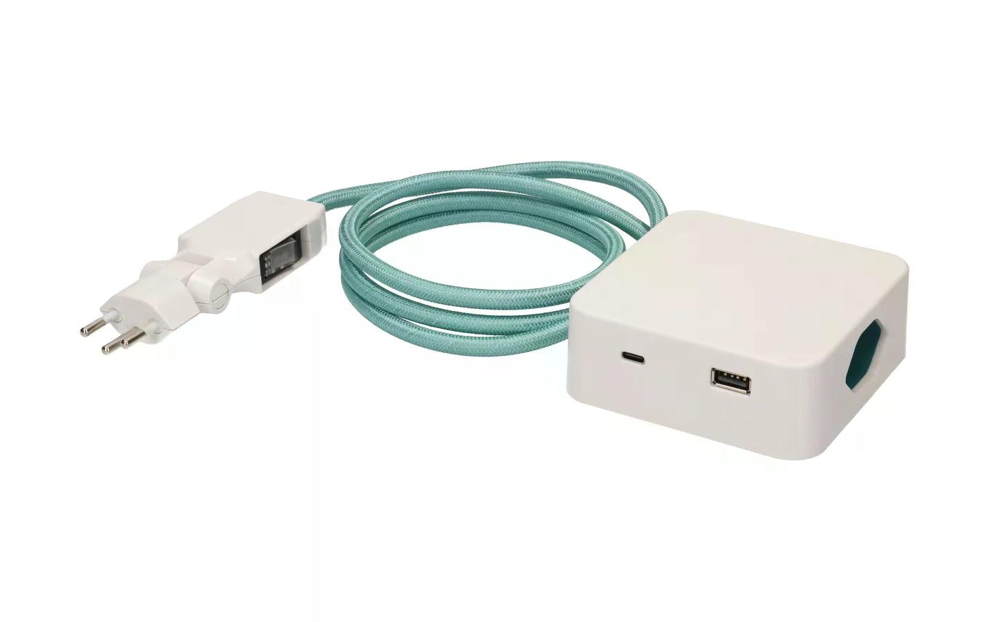 maxTEX Cube Steckdosenleiste – 3× T13, USB‑A/C, 2 m, ohne Schalter, weiss/türkis