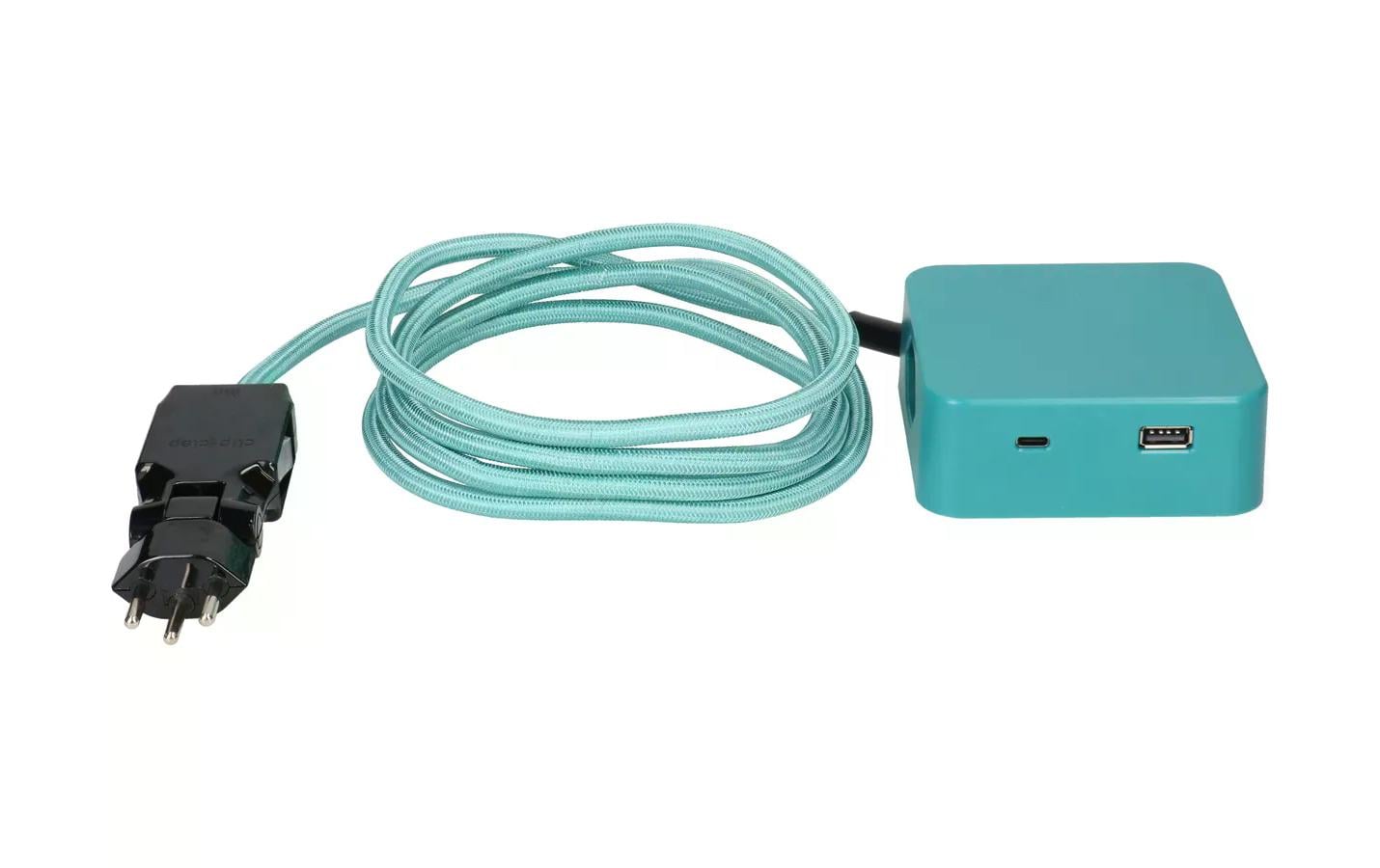 maxTEX Cube Steckdosenleiste – 3× T13, USB‑A/C, 2 m, ohne Schalter, IP20, schwarz/türkis