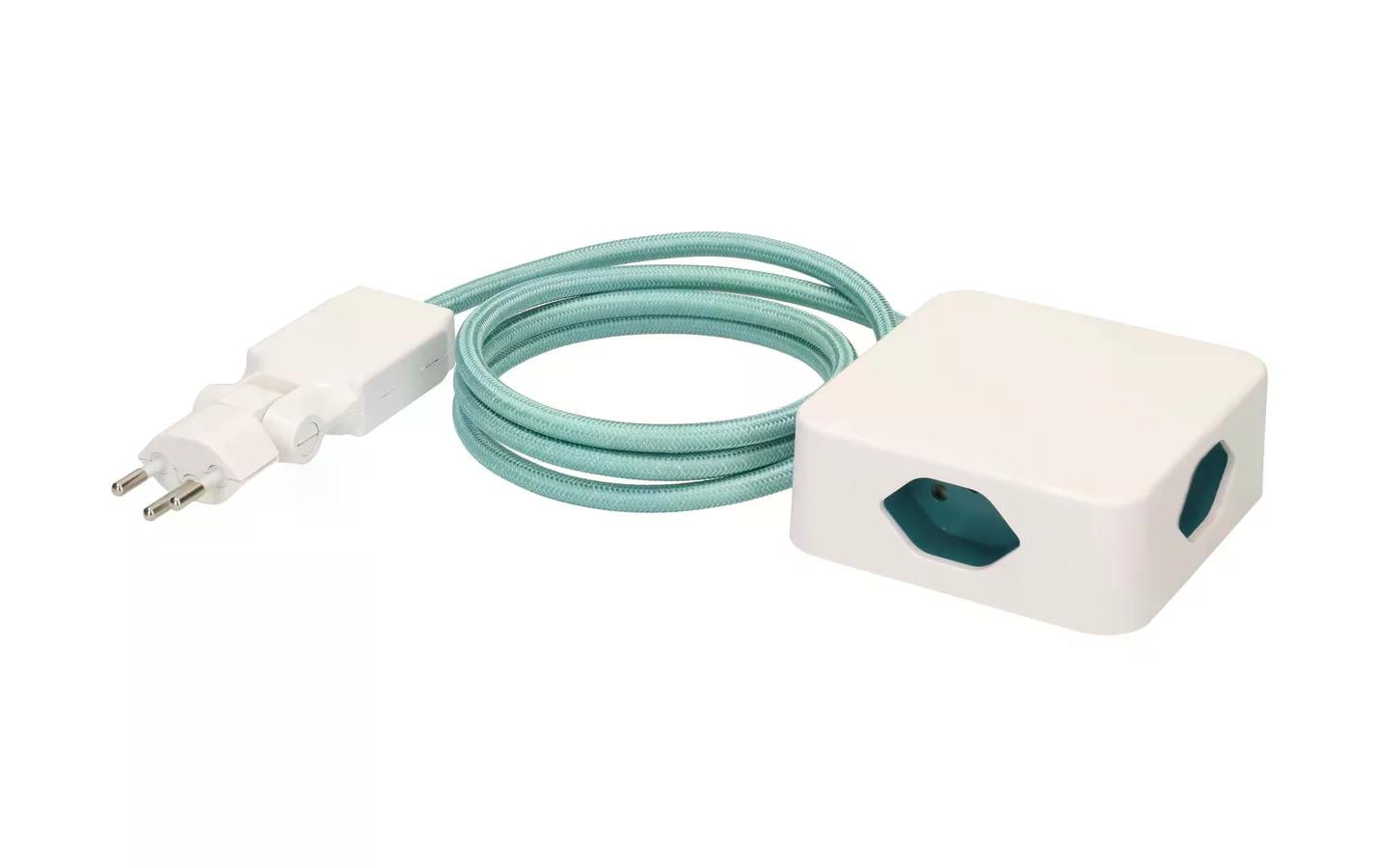maxTEX Cube Steckdosenleiste – 4× T13, 2 m, ohne Schalter, IP20, weiss/türkis