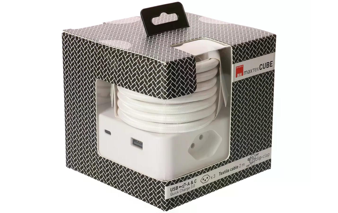 MaxTex Cube Steckdosenleiste – 3 AC-Ausgänge, 1× USB-A + 1× USB-C, 2 m, Magnet, Weiss