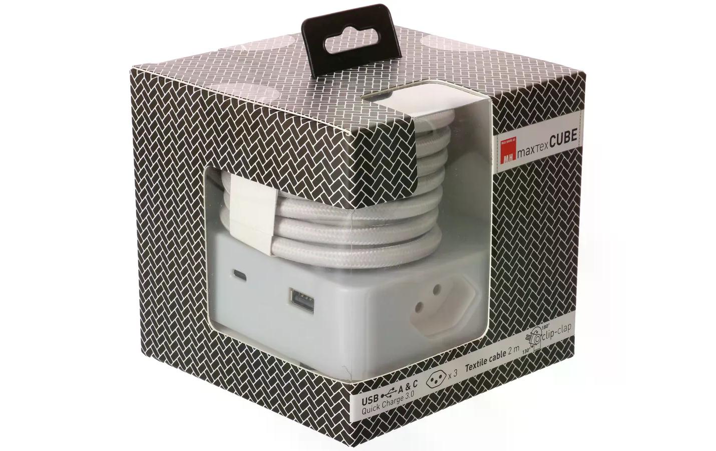 maxTEX Cube Steckdosenleiste – 3× T13, USB‑A/C, 2 m, ohne Schalter, grau/weiss