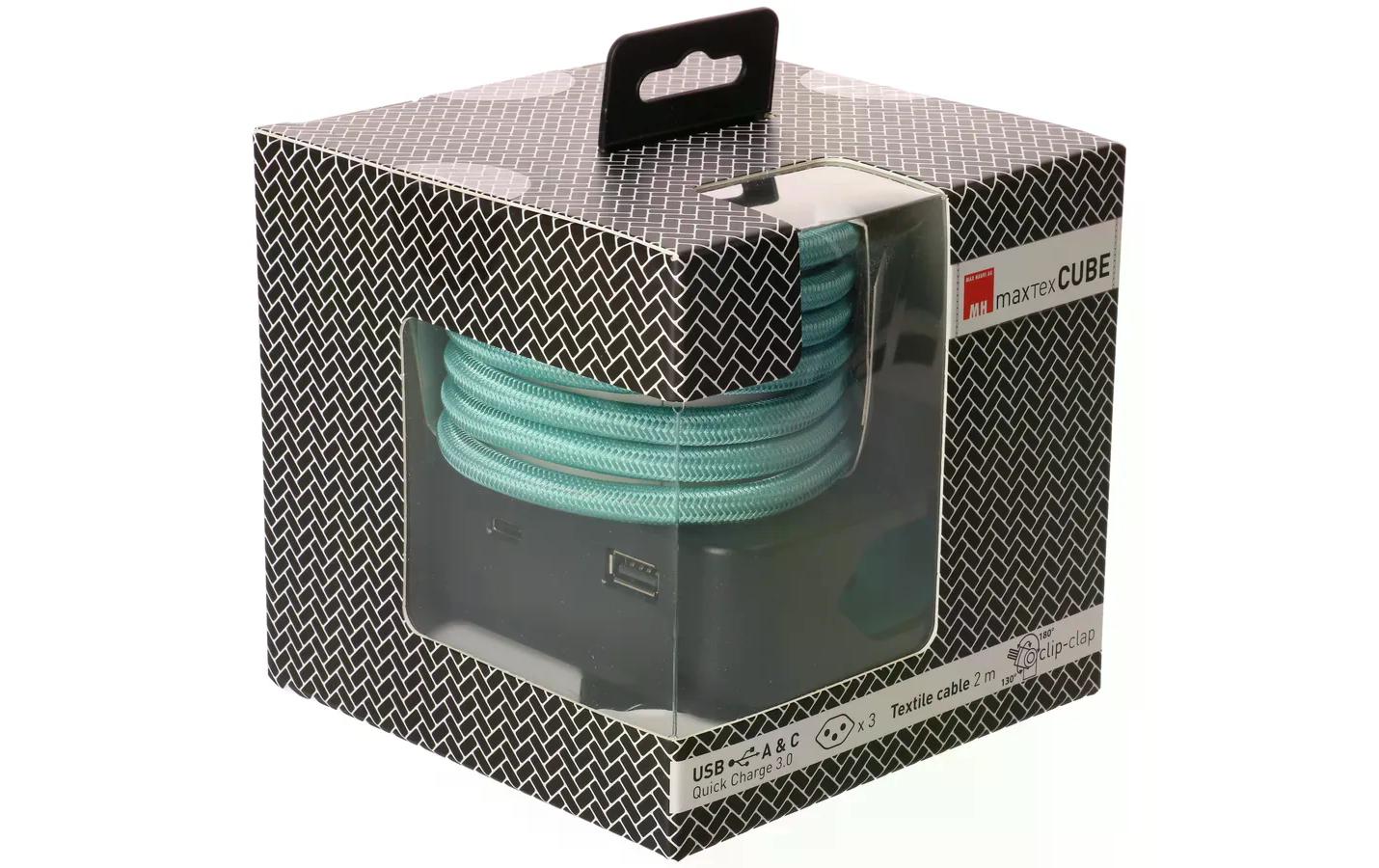 maxTEX Cube Steckdosenleiste – 3× T13, USB‑A/C 18 W, 2 m, ohne Schalter, IP20, schwarz/türkis