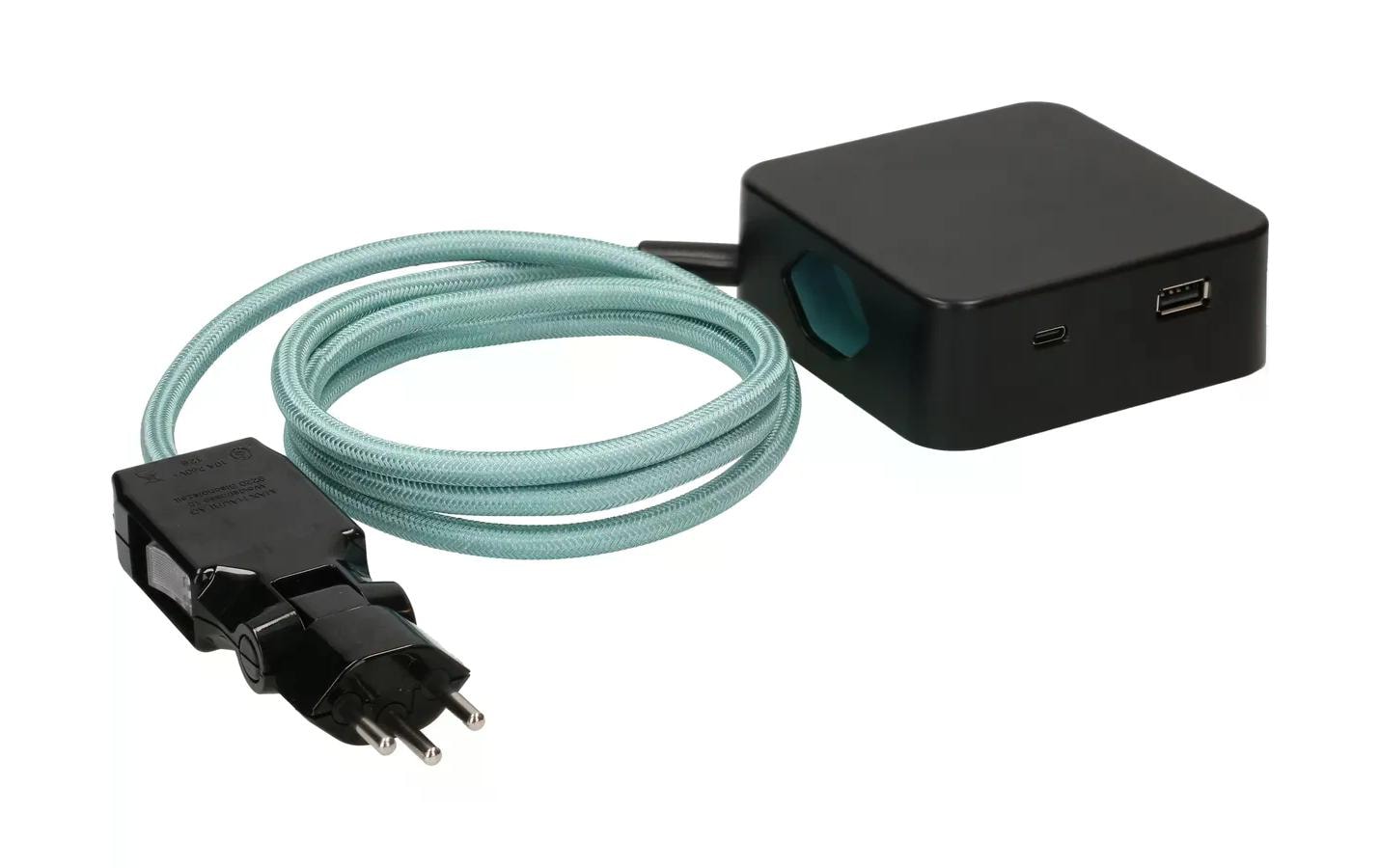 maxTEX Cube Steckdosenleiste – 3× T13, USB‑A/C 18 W, 2 m, ohne Schalter, IP20, schwarz/türkis