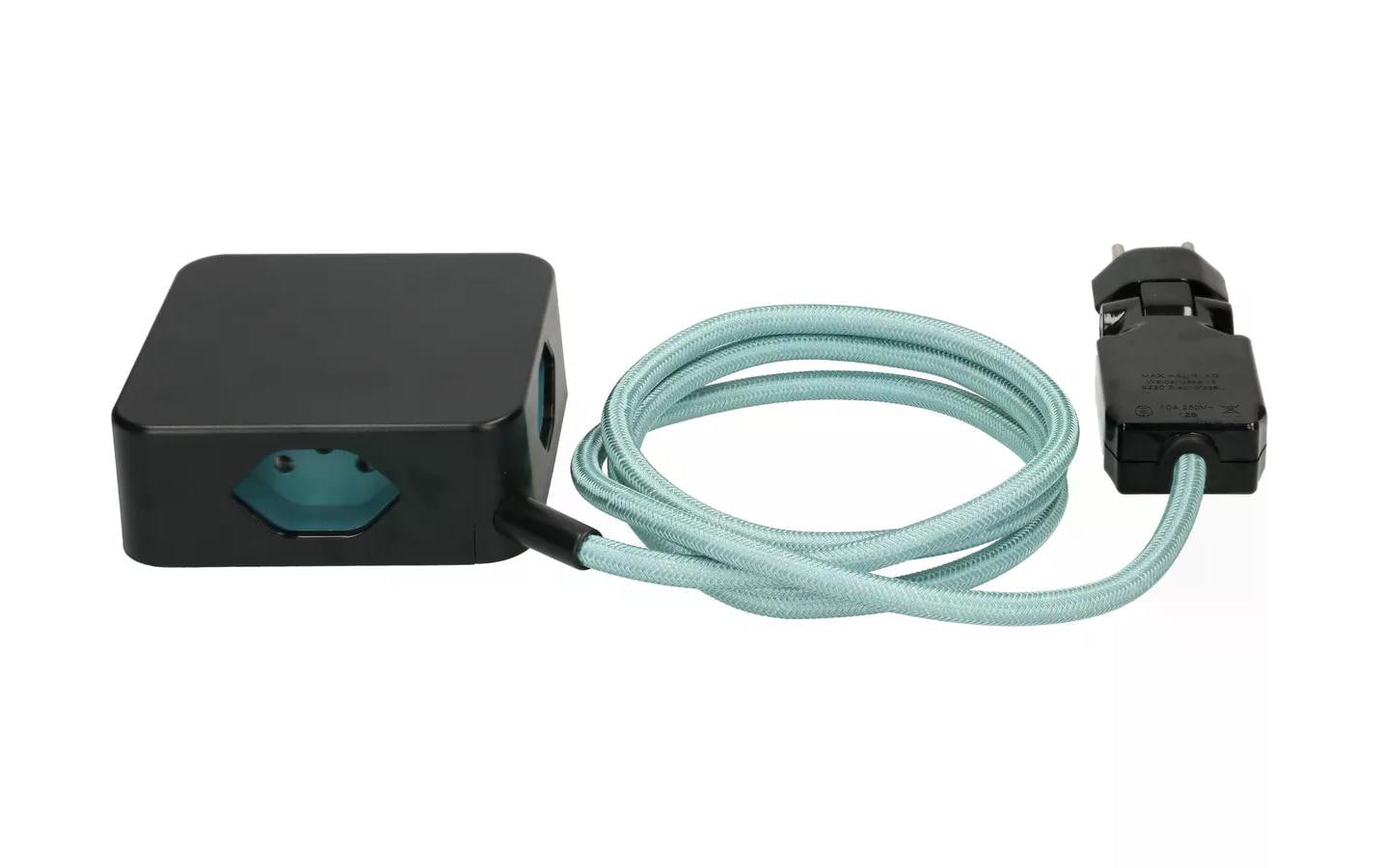maxTEX Cube Steckdosenleiste – 3× T13, USB‑A/C 18 W, 2 m, ohne Schalter, IP20, schwarz/türkis
