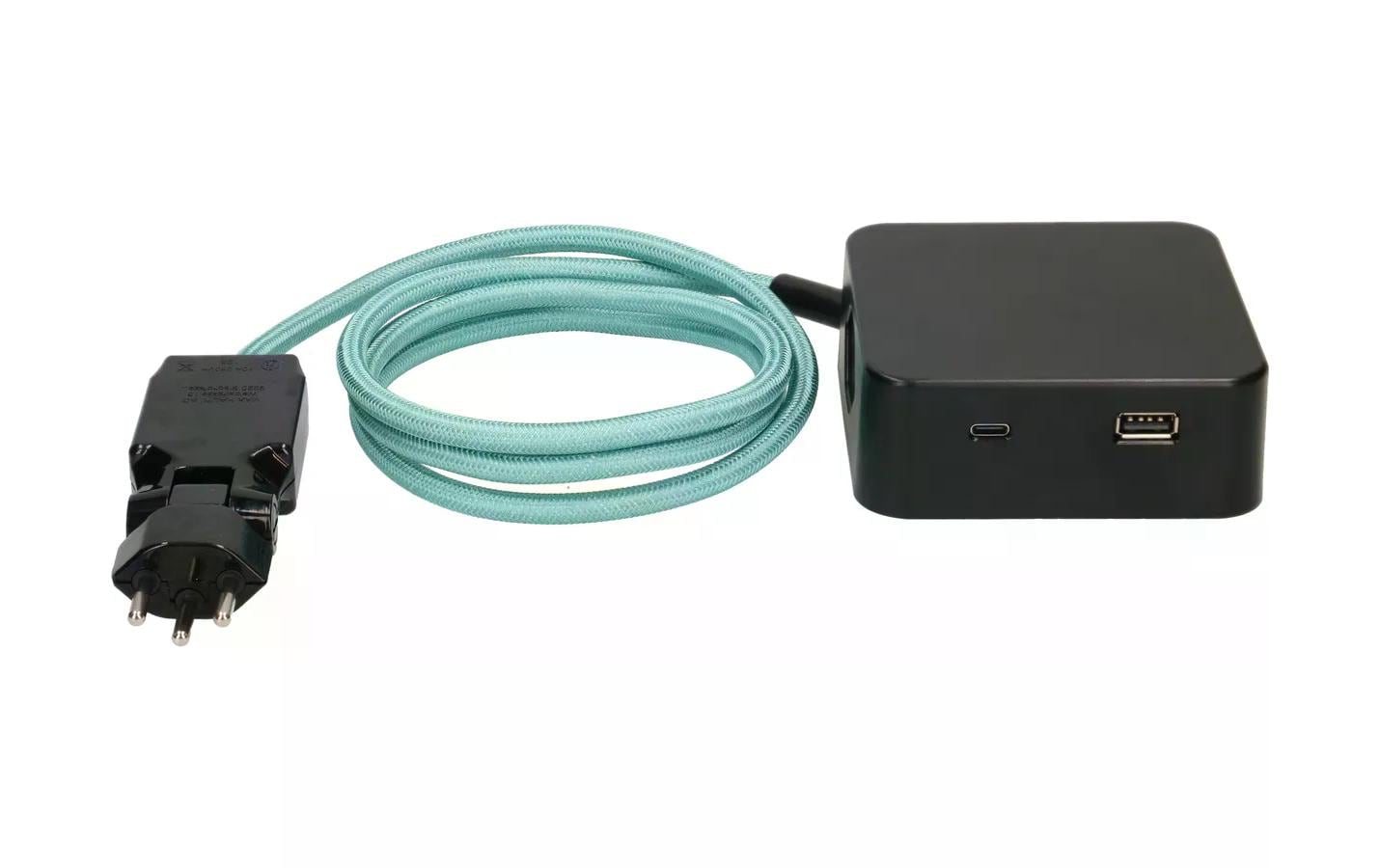 maxTEX Cube Steckdosenleiste – 3× T13, USB‑A/C 18 W, 2 m, ohne Schalter, IP20, schwarz/türkis