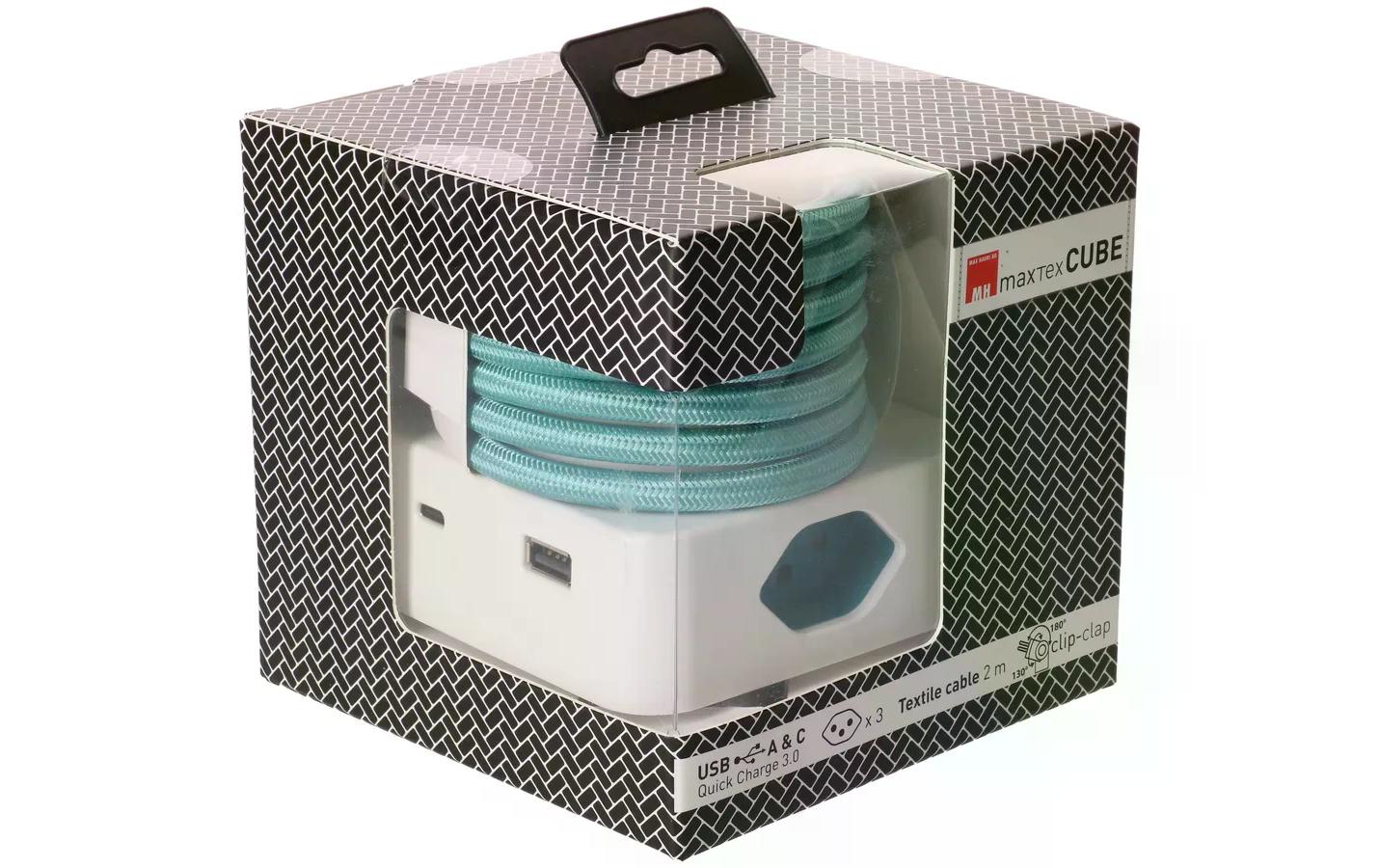 maxTEX Cube Steckdosenleiste – 3× T13, USB‑A/C, 2 m, ohne Schalter, weiss/türkis